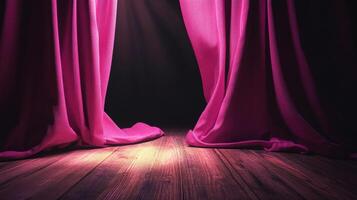 Stage with pink theater curtains and wooden floor, dramatic lighting. Performance art and theater concept photo