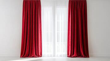 Elegant red curtains framing a bright white window, minimalistic interior. Home decor and design concept photo