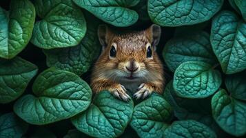 Chipmunk nestled among green leaves, close-up view. Nature and wildlife photography concept photo