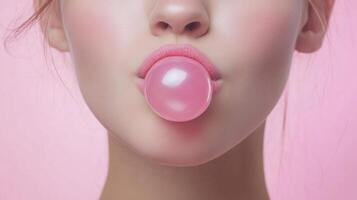 Close-up of a woman blowing a pink bubblegum bubble on a pastel background, playful and youthful concept photo
