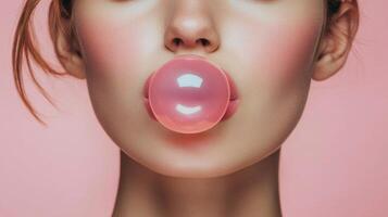 Woman blowing pink bubble gum, close-up portrait with soft blush tones. Pop culture and playful expression concept photo