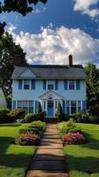 Charming suburban house with blue shutters and lush garden, bright sunny day. Residential architecture and landscaping concept photo