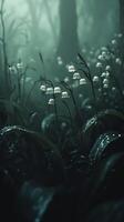 Lily of the valley flowers in a misty forest with dewdrops, ethereal and serene nature concept photo