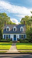 Charming suburban house with blue accents under blue skies, residential architecture and tranquility concept photo