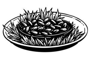 A shallow dish, surrounded by foliage. vector