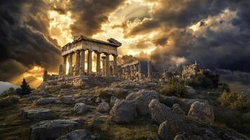 Ancient Greek temple ruins at sunset with dramatic clouds, historical architecture and dramatic landscape concept photo