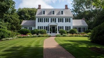 Colonial-style home with manicured lawn and garden, sunny day. Classic architecture and landscaping concept photo