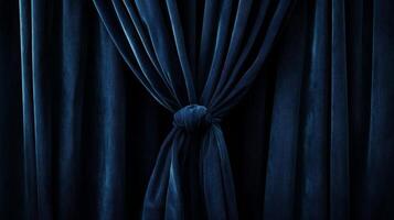 Dark blue velvet curtains with elegant folds and a knot, elegant decor element. Interior design and luxury concept photo