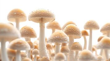 Cluster of white mushrooms with intricate textures, natural close-up. Fungi growth and nature concept photo