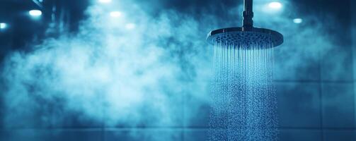 Showerhead with cascading water in steamy bathroom, relaxing and rejuvenating concept photo