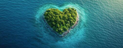 Heart-shaped island surrounded by blue ocean, environmental conservation concept photo