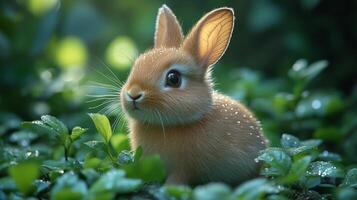 Adorable baby rabbit with dewdrops in lush greenery, serene nature scene. Wildlife and tranquility concept photo