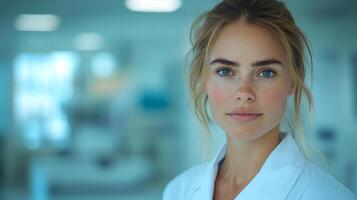 Portrait of a young professional doctor in a laboratory setting, focused expression. Science and research concept photo