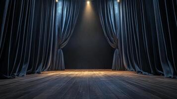 Dark empty theater stage with blue velvet curtains and dramatic lighting, performance preparation concept photo