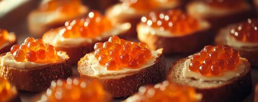 Slices of bread with butter and red caviar in soft focus photo