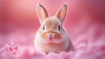 Adorable baby rabbit sitting on fluffy pink background, cute and gentle animal concept photo