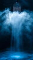Showerhead with cascading water and steam in a dimly lit bathroom, serene ambiance and relaxation concept photo