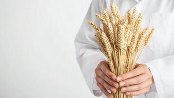 Person holding wheat stalks in hands, agriculture and farming concept photo