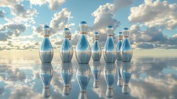 Surreal reflection of glass bowling pins on watery surface, artistic concept photo