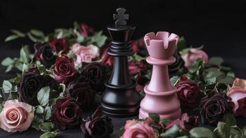 Black king and pink rook chess pieces surrounded by dark and light roses, romantic setting. communication and strategy concept photo