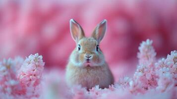 Cute bunny surrounded by pink flowers, tranquil springtime scene. Nature and wildlife concept photo