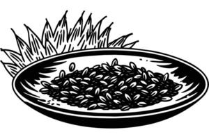 Hand-drawn illustration of grains in a shallow dish, surrounded by foliage. vector