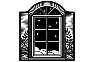 Window illustration with tropical plants. vector