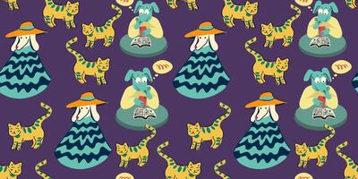 seamless pattern with dog in poncho and cat vector
