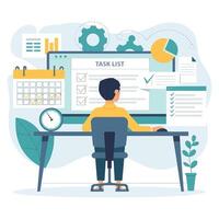 Person working on a task list on a computer, surrounded by organizational tools. vector