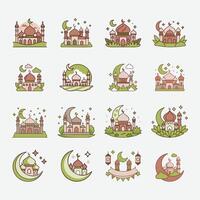 Decorative Islamic Mosque and Crescent Moon Icon Bundle. Elegant Flat Design Set Featuring Mosques, Moons, Stars, Lanterns, and Greenery for Religious and Festive Themes vector