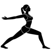 Woman transitioning into high lunge twist pose on white background vector