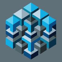 Abstract Isometric Cube Structure Blue, Gray, Geometric Design. vector