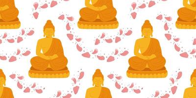 A seamless pattern featuring meditating Buddha figures with scattered pink lotus petals on a white background, symbolizing peace and spirituality vector