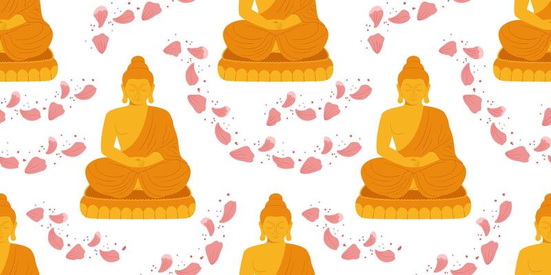 A seamless pattern featuring meditating Buddha figures with scattered pink lotus petals on a white background, symbolizing peace and spirituality
