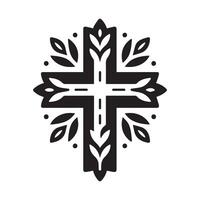 black and white graphic design featuring a Christian cross set against a stylized landscape of mountains at dawn or dusk. vector