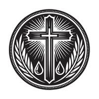 black and white graphic features a Christian cross at the center of a circular design. vector