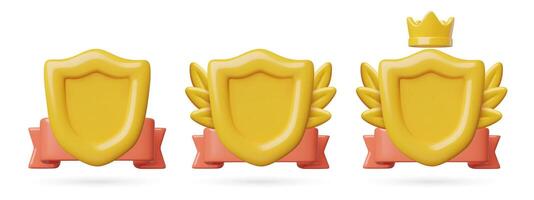 Cute 3d game badge frames with a gold shield crown laurel wreath and award ribbon vector