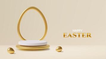 Happy Easter 3d background with floating podium and golden eggs elegant design vector