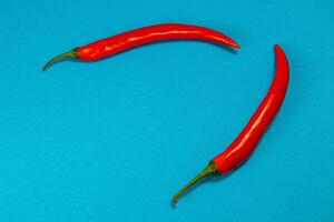 Bright red chili peppers on a vibrant blue background create a bold contrast photo