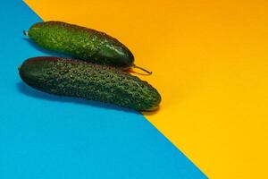Fresh cucumbers on a vibrant blue and yellow background evoke summer vibes photo