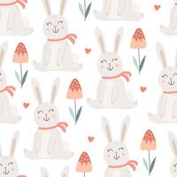 Spring seamless pattern with cute bunnies and decorative flowers on white background. Illustration in hand drawn flat style, pastel colors for wrapping paper, festive textile vector