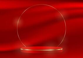 Red satin smooth fabric background 3d with podium.Red satin smooth fabric background space for selling products, backdrop, wallpaper, background, text. illustration. vector