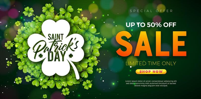 Saint Patrick's Day Sale Banner Illustration with Clover Leaves and Typography Lettering on Shiny Green Background. Irish Traditional St. Patricks Day Lucky Business Celebration Design for
