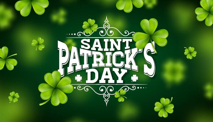 Saint Patrick's Day Banner Illustration with Falling Clovers and Typography Letter on Green Background. Irish Traditional St. Patricks Lucky Celebration Design for Flyer, Greeting Card, Web
