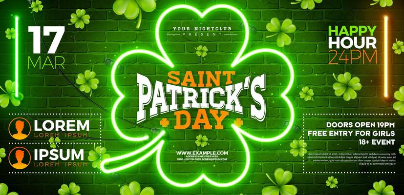 Saint Patrick's Day Party Banner Illustration with Glowing Neon Light Symbol and Falling Clover Leaves on Brick Wall Background. Irish Traditional St. Patricks Day Lucky Celebration Design for