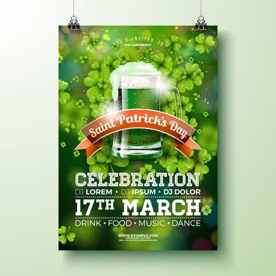 Saint Patrick's Day Party Flyer Illustration with Falling Clover Leaves and Green Beer on Shiny Background. Irish Traditional St. Patricks Day Lucky Celebration Design for Flyer, Greeting Card