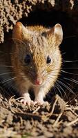 detailopname beeldmateriaal van een muis opkomend van haar hol in natuur video