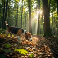 Beagle dog walking in a forest nature photography sunlight filtering through trees serene environment close-up perspective photo