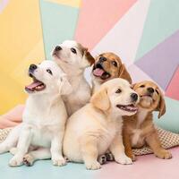 Playful group of adorable puppies of different breeds indoor studio pet photography colorful background close-up view joyful vibes photo