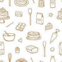 Seamless pattern with hand drawn baking ingredients and cakes. Simple food design for fabric, textile, wrapping paper, gift paper vector